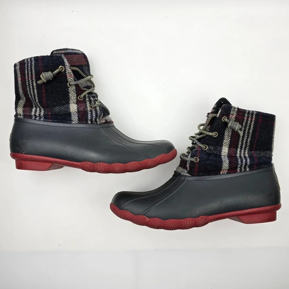 Sperry Saltwater‎ Duck Boots Womens 10 M Blue Red Wool Plaid Waterproof Rubber